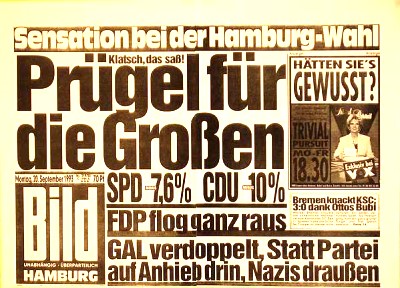 Titelseite der Bild-Zeitung vom 20.09.1993: STATT Partei auf Anhieb in der Hamburger Bürgerschaft. Achim Reichert wurde damit Abgeordneter.