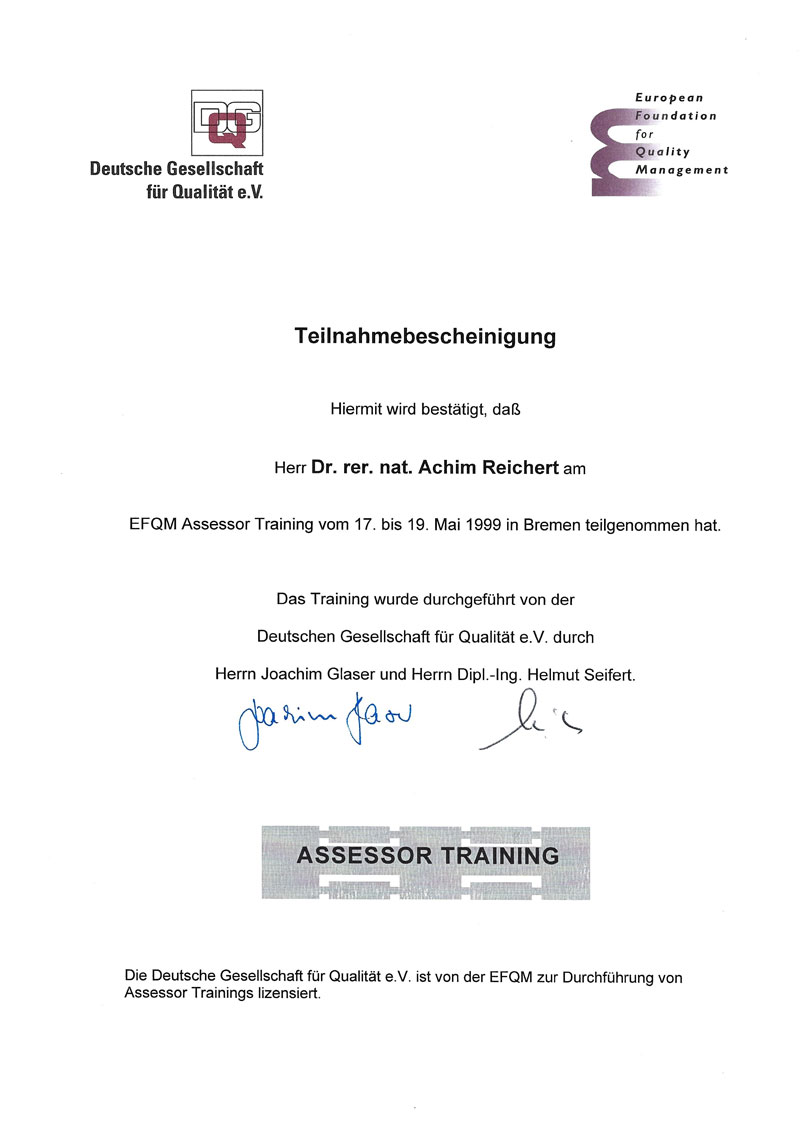 Bescheinigung für Achim Reichert über die Teilnahme am Assessor-Training der Deutschen Gesellschaft für Qualität