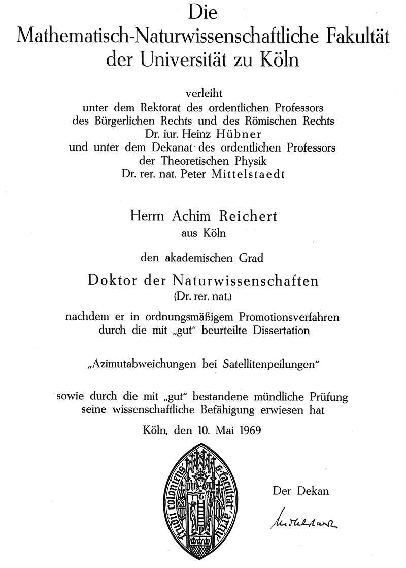 Promotionsurkunde von Achim Reichert als Doktor der Naturwissenschaften