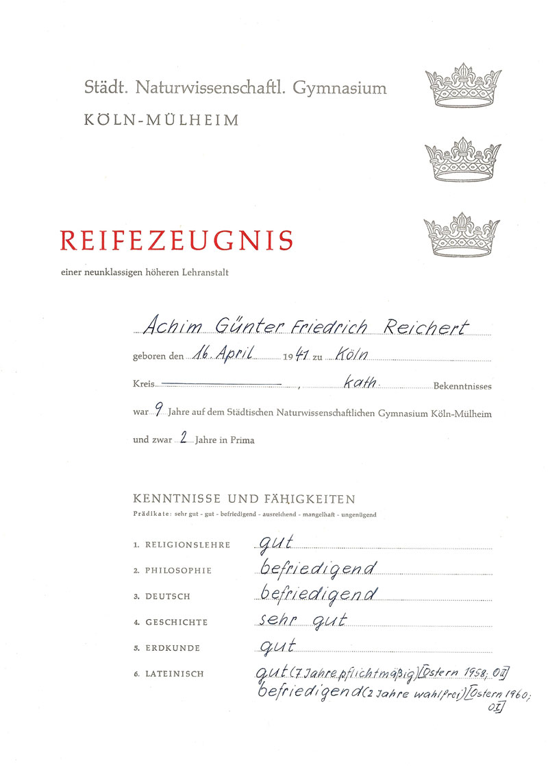 Das Reifezeugnis (Abitur) von Achim Reichert 1960