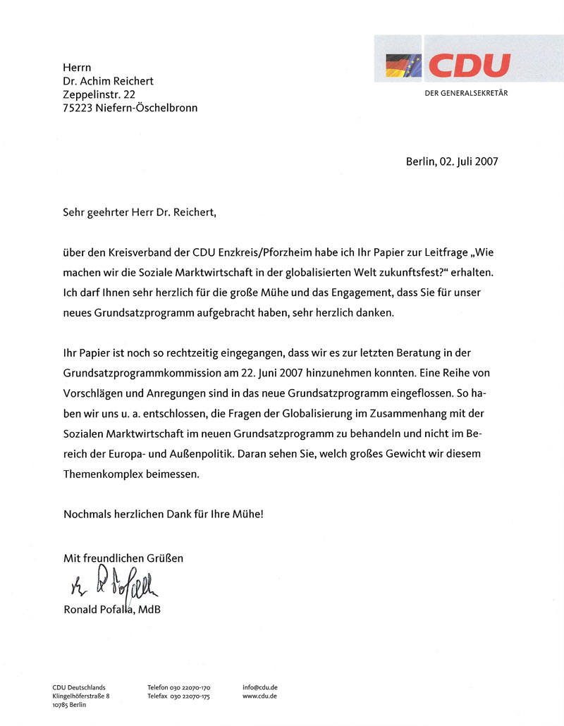 Dankesschreiben von CDU-Generalsekretär Profalla für den Beitrag von Achim Reichert zum neuen Grundsatzprogramm 2007