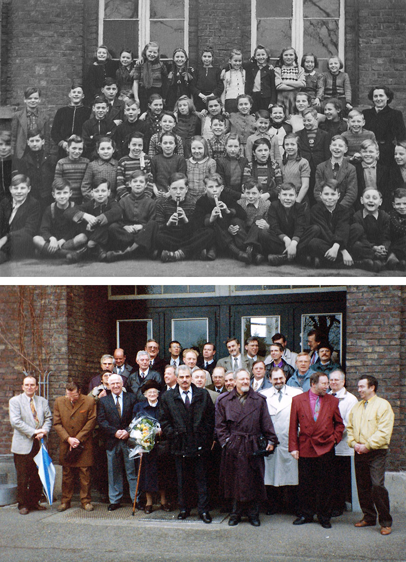 Klassenbild zur Volksschulzeit und 50 Jahre später bei einem Klassentreffen