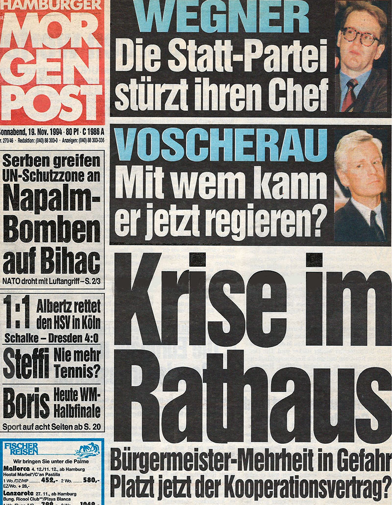 Titel der Hamburger Morgenpost vom 19.11.1994 nach dem Wechsel des Fraktionsvorsitzes bei STATT Partei in der Hamburgischen Bürgerschaft von Markus Wegner zu Achim Reichert.